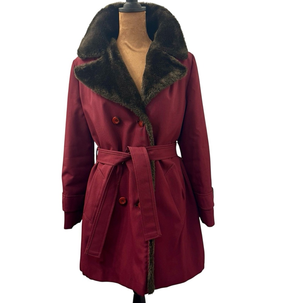VTG 1960s 1970s Penny Lane Coat Women S Burgundy Faux Fur Collar Belted  Mod